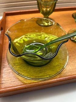 Vintage Indiana Glass Olive Avocado Green 3-Pc Mayonnaise Set