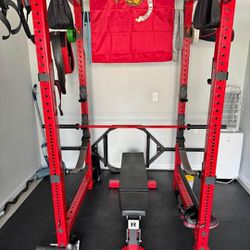 ROGUE FITNESS SET - RACK, BAR, BENCH - Gym Set RML490C 3.0 Power Rack, Squat Rack, Ohio Power Barbell, Adjustable Bench 3.0, Rouge