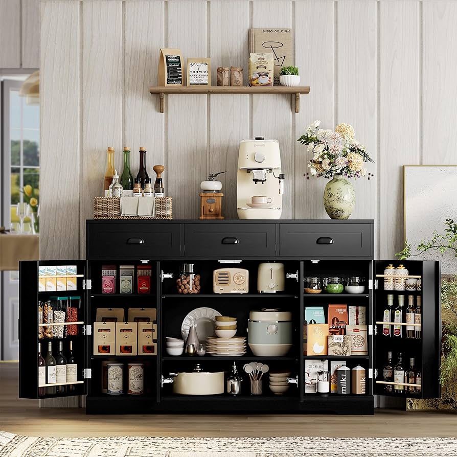 Buffet Cabinet with Storage, Sideboards with 4 Doors, Kitchen Storage Cabinet with 6 Adjustable Shelves, Modern Coffee Bar with 3 Drawers, Black