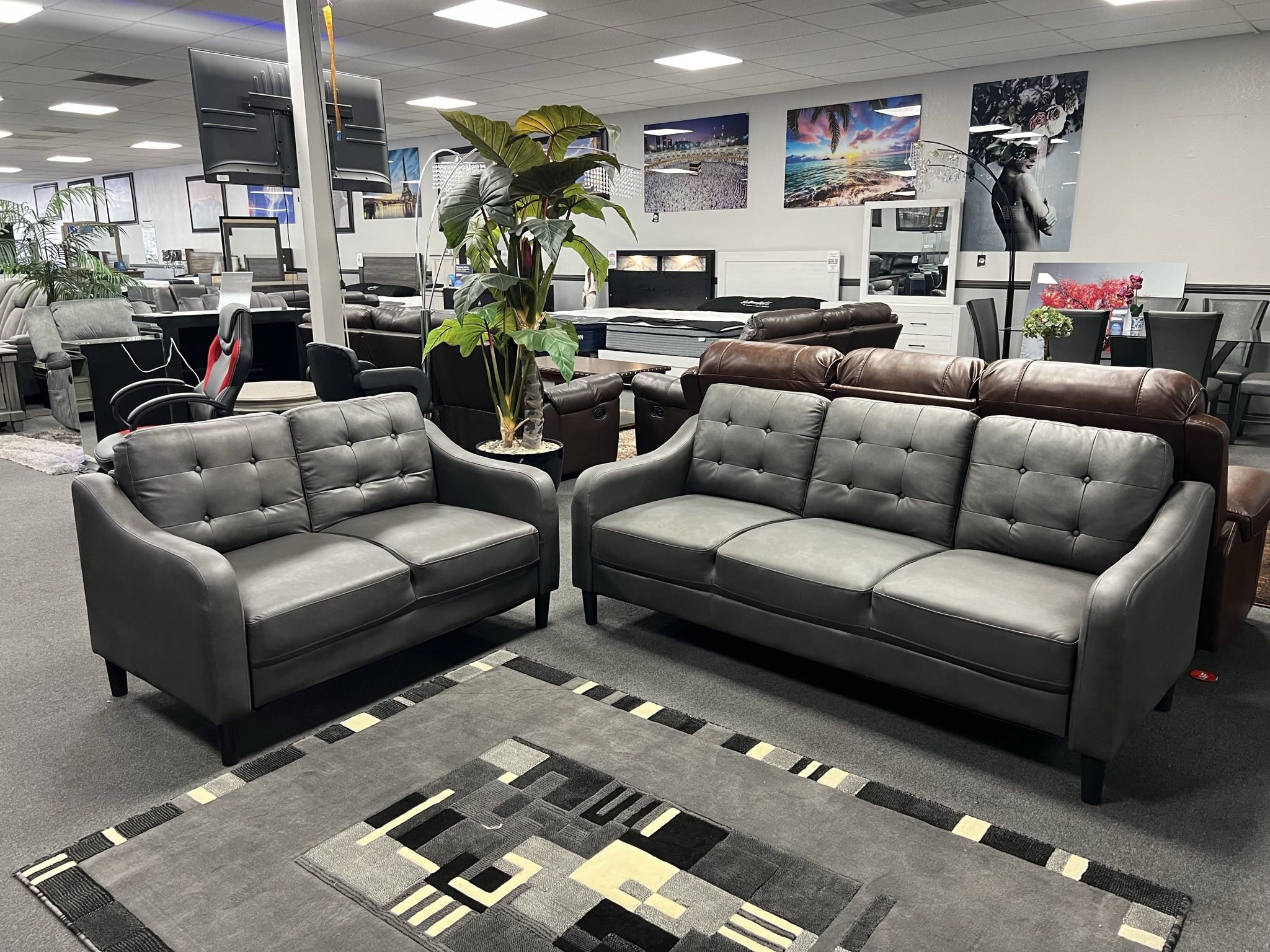 2PC Gray Leather Sofa & Loveseat 🇺🇸Fourth Of July Sale🇺🇸