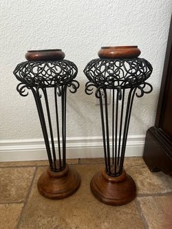 Pair of Tuscan Wrought Iron & Wood Candle Holders