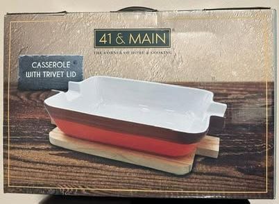 NEW! 41 & Main Ceramic Casserole Oven to Table Serveware Dish with Acacia Wood Lid