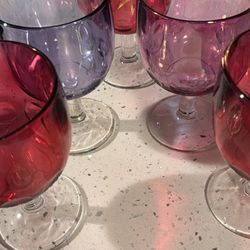 Set of 5 vintage large iridescent pink & purple thumbprint goblets with clear stems