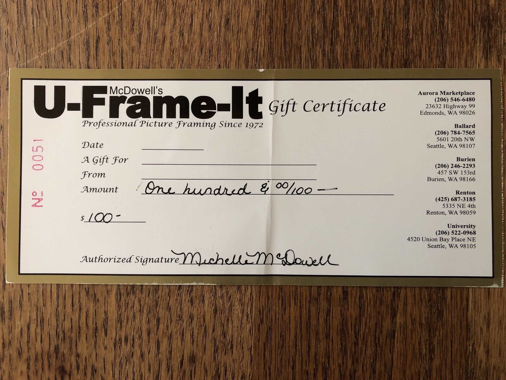 U-Frame It gift certificate