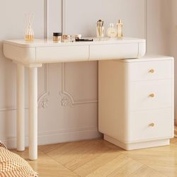 White Makeup Vanity Desk, Hidden Sliding Length, Modern White Vanity Table Set with 3 Drawers Separate Cabinets for Bedroom, Living Room