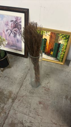 Tall Clear Glass Floor Vase w/ Decorative Dried Branches