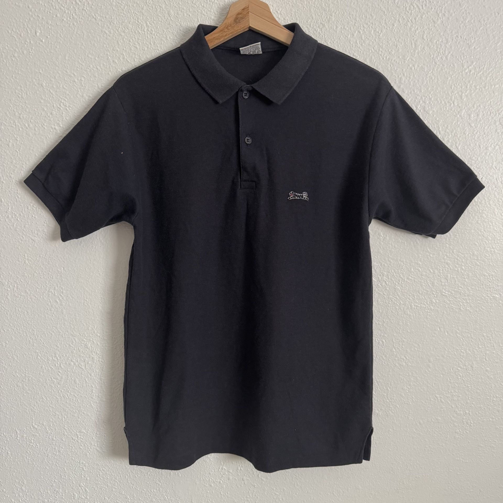 LE TIGRE Vintage 80s Mens Black Henley Embroidered Tiger Logo Short Sleeve Polo