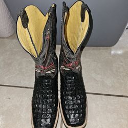 Black Hornback Caiman Print Crocodile Boots
