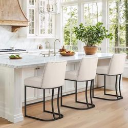 Counter Height Bar Stools Set of 3, 26" Modern Barstools with Back, Faux Leather Upholstery Counter Chairs with Metal Legs for Kitchen Island, Bar, Co