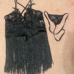 New large black fringe lace boho tank top festival rave outfit lingerie set