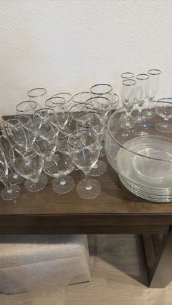 Vintage Mid-Century Modern Silver/Platinum Rim Crystal Stemware & Dessert Service Set (60+ Years Old)