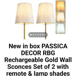 New in box PASSICA DECOR RBG Rechargeable Gold Wall Sconces Set of 2 with remote & lamp shades
