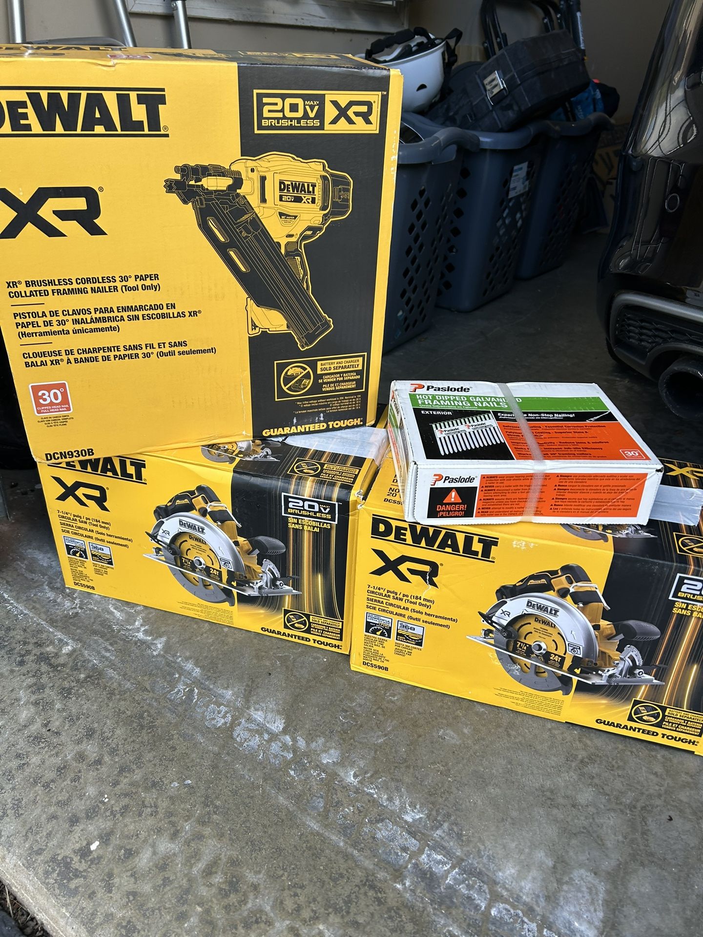 Brand New Dewalt Cordless Framing, Gun And Two Cordless Skil Saw With Nails For Framing Gun