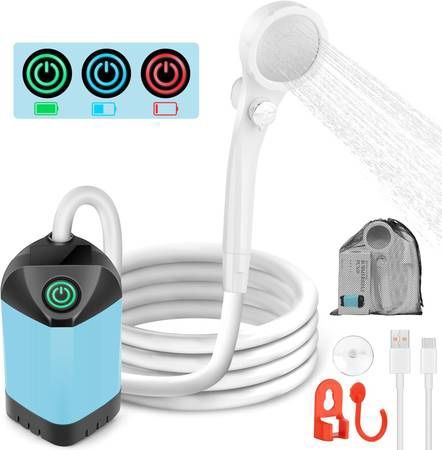 new Portable Shower for Camping, 7800mAh Rechargeable Camping Shower with 3 Spray Modes, IPX7 Waterproof Portable Shower Pump for Outdoor, Hiking, Tra