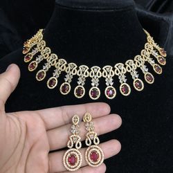 Ad American Diamond Necklace Indian Bollywood Necklace Ruby Red Color Blue Color 