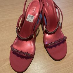 FIONI Pink Jeweled Satin Strappy Sandals with Heels, Women’s Size: 10