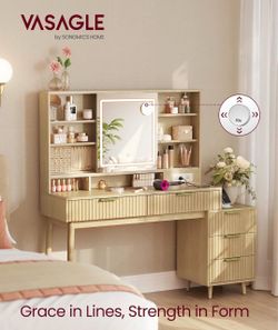 Vanity Desk with Sliding Mirror and Lights, 5 Drawers Contemporary Makeup Vanity, Charging Station, Jewelry Storage, Oak Beige, MAXE Collection URDT13