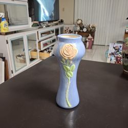 Beautiful Vintage 1985 Blue Porcelain  Bud Vase With Embossed Flower On Both Sides 8.75"H