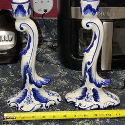 New Condition Pair Vintage Blue And White Hand Painted Candle Holders Hand Painted Portugal