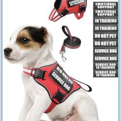 Service Dog Vest Harness and Leash Set+10 Patches,No Pull&Adjustable Reflective Dog Harness with Soft Padded Handle for Training/Everyday,Fit Small/Me