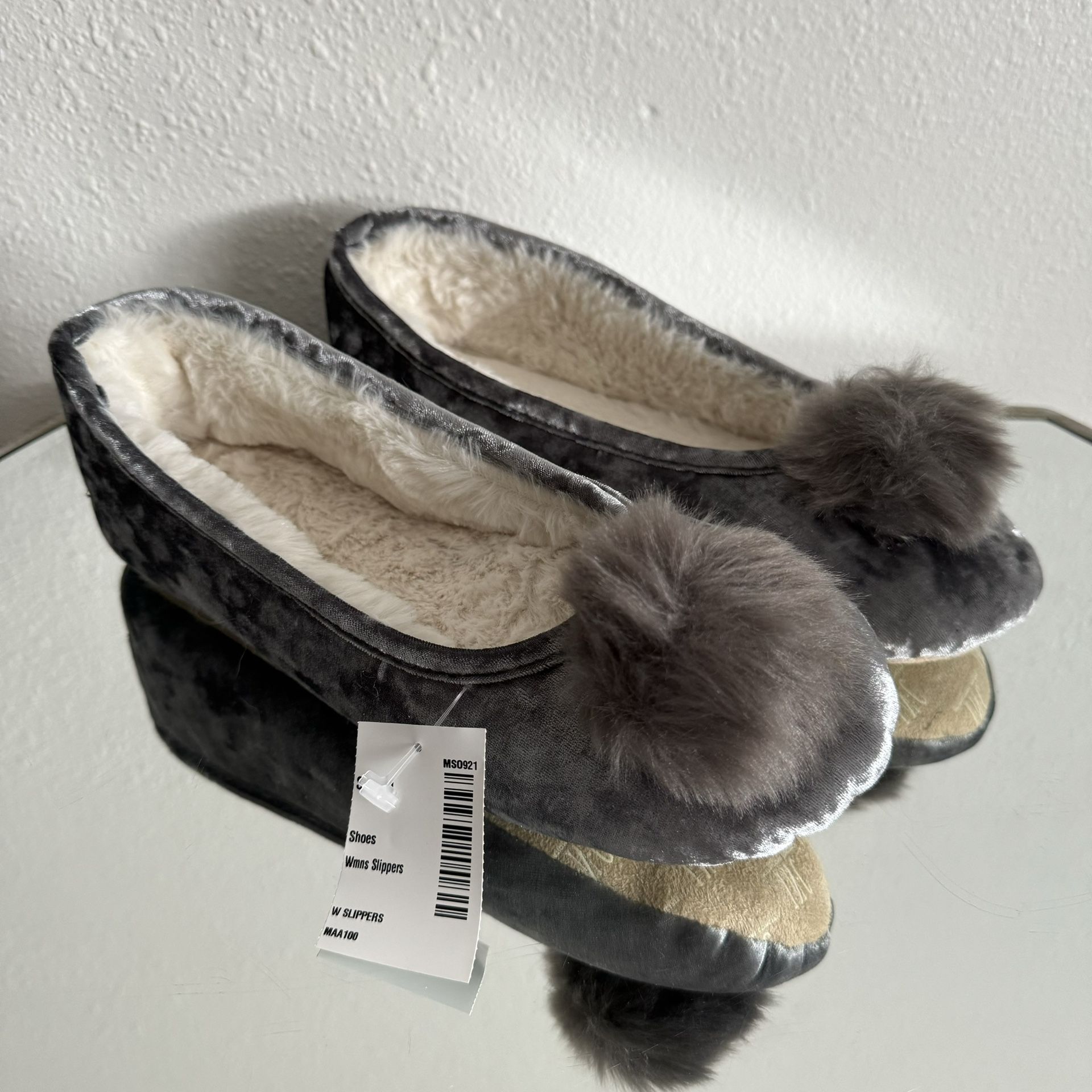 INC Grey Crushed Velvet Pom Pom Tinkerbell Lounge Cozy House Slippers NEW