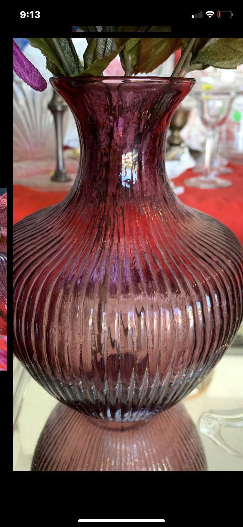 Beautiful decor pretty antique glass rare vase look beautiful purple color or real flowers 7” tall rare pretty purple vase