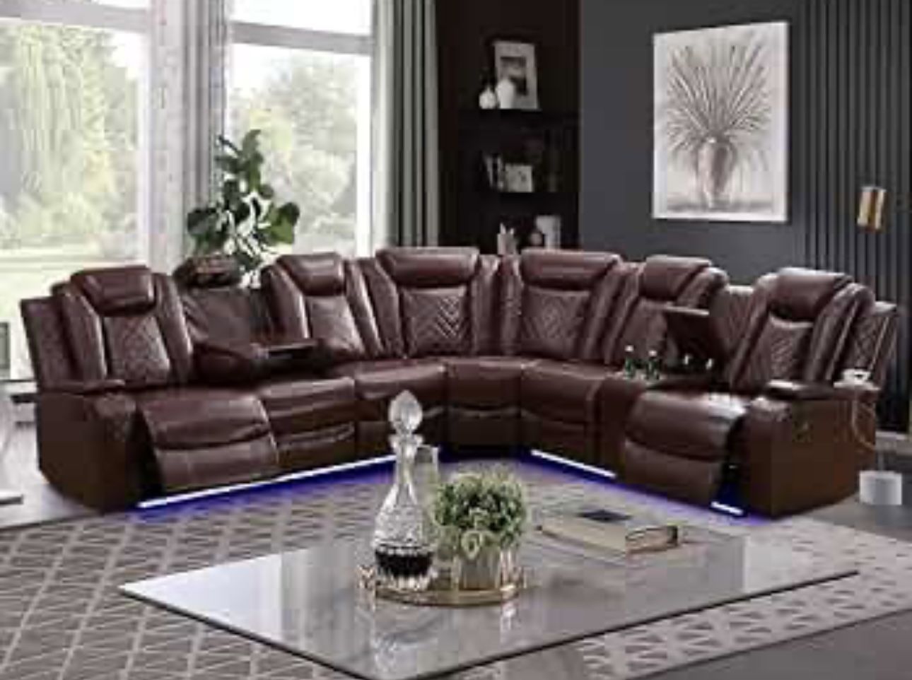 Power Electric Brown Leather Fully Reclining Sectional Couch 