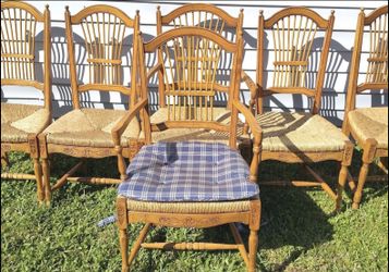 6 Carved Wood Wheat Sheaf Back Rush Seat Dining Chairs Country French From Italy