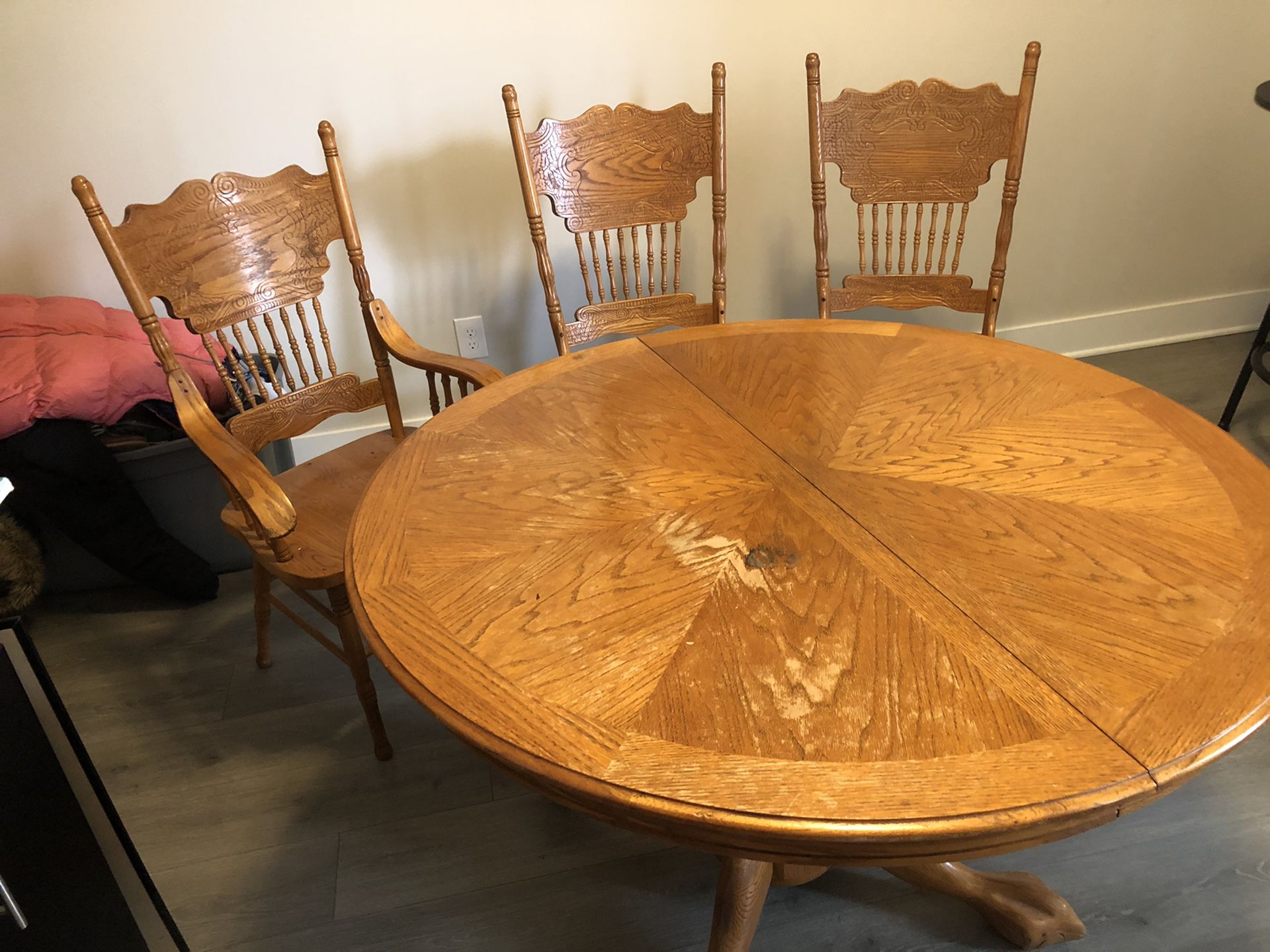 Wooden dining room table & 3 chairs