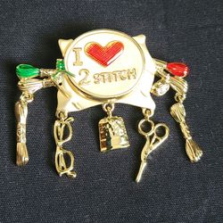 Danecraft' I Love 2 Stitch' Gold Tone Dangling Red Heart Enamel Brooch Vtg 2.5 "