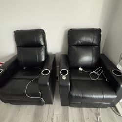 Set of 2 Black Leather Recliner Chairs w/ Cup Holders & LED Lighting