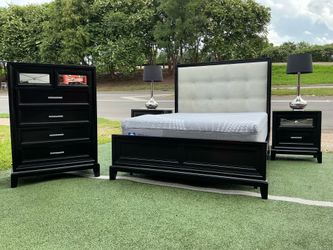 Queen bed frame with chest drawer, two nightstands and lamps