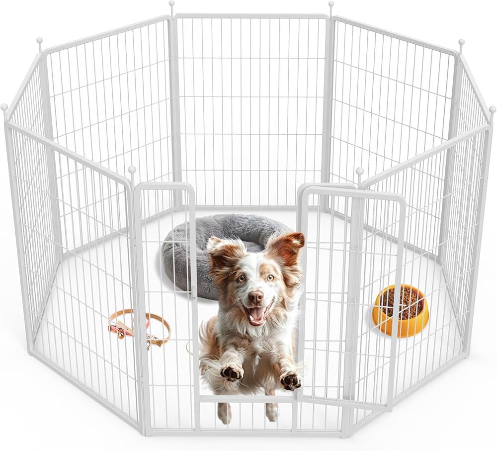 40" Height 8 Panels Fence with Anti-Rust Coating, Metal Heavy Portable Foldable Dog Pen for Medium/Large Dogs RV Camping, White 