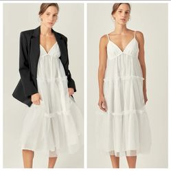 English factory tiered tulle contrast midi white dress
