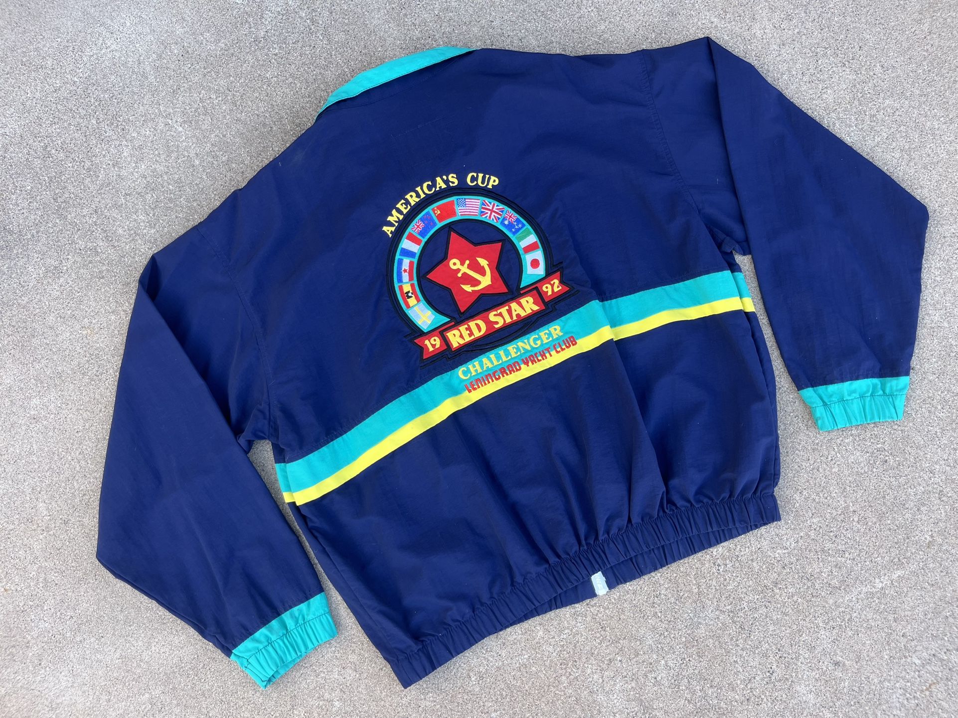 RARE Vintage 90s 1992 America’s Cup Red Star Challenger Leningrad Yacht Club Color Block Windbreaker Polo Style stadium Jacket XL