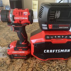 Craftsman combo, Includes Bluetooth Radio, Drill,  20V 4.0 AH Lithium Batterie, 12V & 20V Charger 