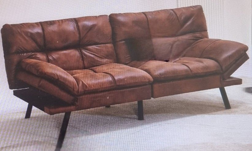 71" Mid-Century Unused Modern Leather Convertible Futon Sofa Cum Bed
