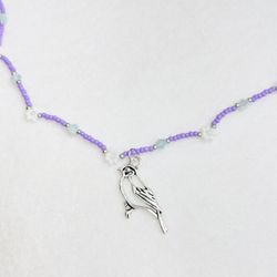 Choker Necklace Bird Pendant Purple White Daisy Silver Accents 16-18”