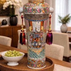 Large Vintage Chinese Famille Rose Style Porcelain Vase w/ Tassel Handles – Hand Painted Statement Piece