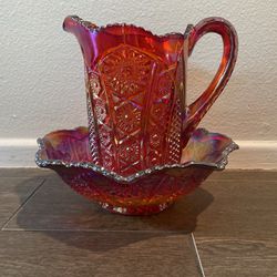 Red Carnival Pitcher And Bowl Indiana Glass