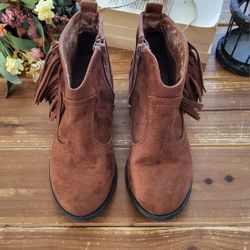 SIZE 3 GIRLS BIG KIDS CHESTNUT BROWN SUEDE ANKLE SIDE FRILL BOOTS