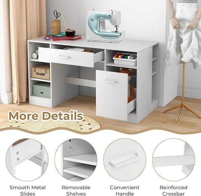 53” Artwork Sewing Craft Table, Sewing Machine Cabinet w/Drawers & Open Storage Shelves, Modern Computer Desk Workstation,