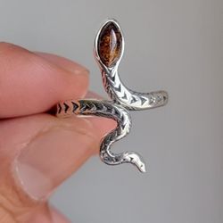Snake Ring With Amber Sterling Silver Size 8.5