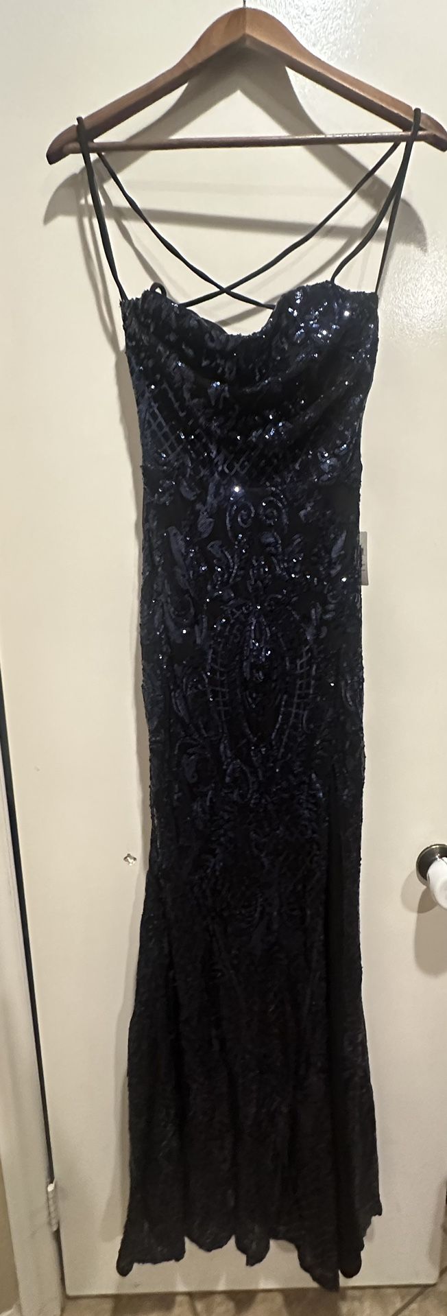 Black Maxi Prom Dress With Blue Sequin Accents 