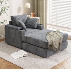 Esright Chaise Lounge Chair Indoor, Oversized Sleeper Chair with Ottoman, Cup Holder, Side Pocket