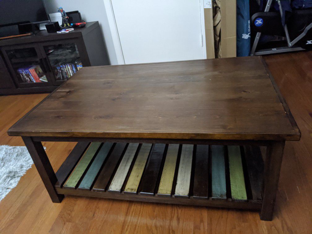 Rustic Coffee Table w/ Fixed Multi-Colored Shelf, Brown