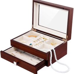 Wooden Jewelry Box Storage Organizer: Necklace Cabinet 2 Layer Earring Display Case Vintage Gift Rings Storage with Glass Window for Women