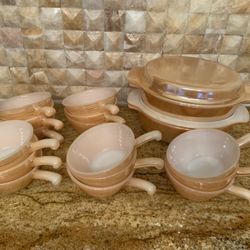 Vintage 1960s Oven Proof Milk Glass Peach Lusterwar Casserole With Matching lid & the set Of 5" Bowl with Handle 