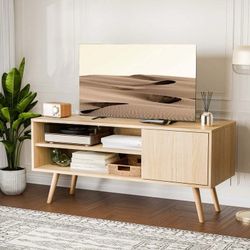  $60  50-Inch TV Stand, Modern Entertainment Center with Charging Station, Oak 