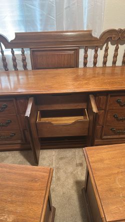 most items marked Thomasville. Solid wood vintage 7-piece King bedroom set with medium-dark walnut-tone finish. Heavy, durable construction. most item